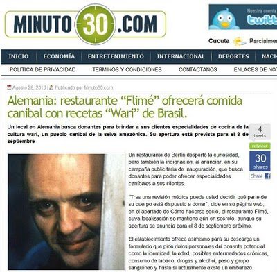 Falso restaurante canibal brasileiro: amostra de ofensiva propaganda vegetariana