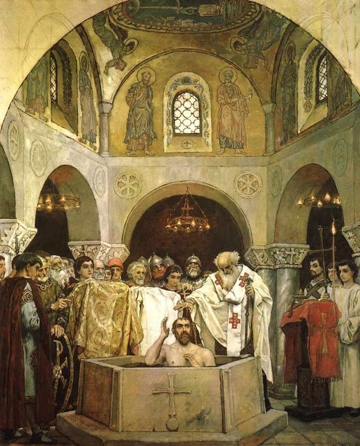 Há 1025 anos: início da conversão da Ucrânia, Rússia e Bielorrússia Batismo de São Vladimir, o Grande, ano 988. Viktor M. Vasnetsov (1848–1926)