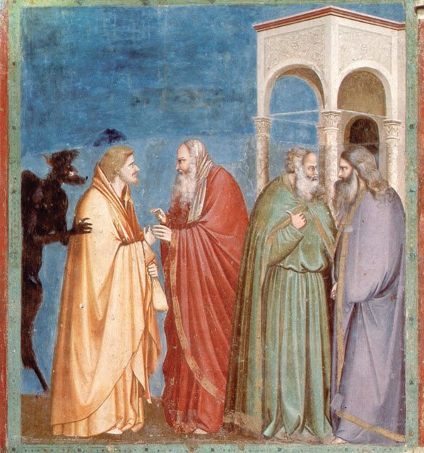 Agredidos pela perplexidade “A traição de Judas”. Pintura de Giotto (1302-1305) na Capela Scrovegni (Pádua – Itália). Na cena, Judas Iscariotes negocia com os sacerdotes do templo a entrega de Jesus por 30 moedas — que o traidor segura na mão esquerda, enquanto a fumaça de Satanás (como um vulto negro) o inspira a entregar nosso Divino Redentor.